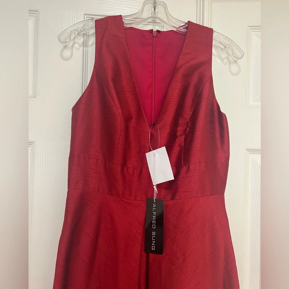ALFRED SUNG‎ Sleeveless Pleated Skirt Red Long Formal Gown Dress Pockets prom 10 - Picture 4 of 13